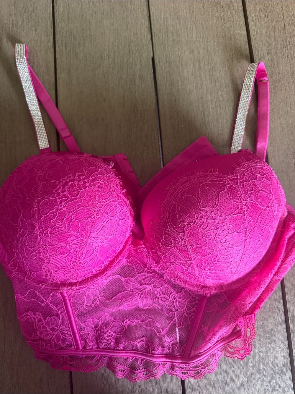 Victoria's Secret Hot Pink Lace Longline Bra with Rhinestone Straps